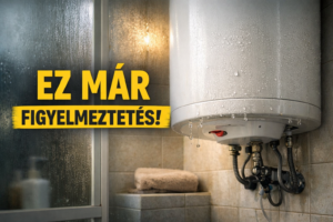 Falra szerelt bojler egy fürdőszobában, amely meghibásodásra utaló jeleket mutat